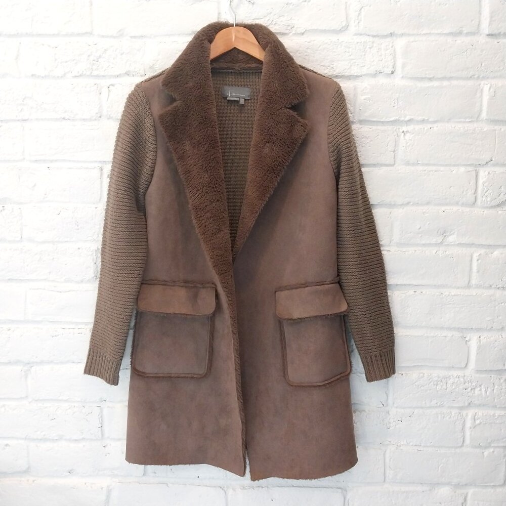 Anthropologie Long Coat Womens Small Brown Faux Suede Knit Faux Shearling Collar
